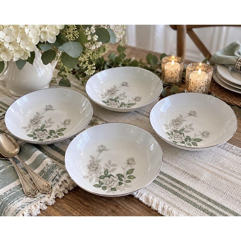 Vintage Sone Gray Pearl 7.5" Soup Bowl Set of 4 MCM Floral Silver Trim